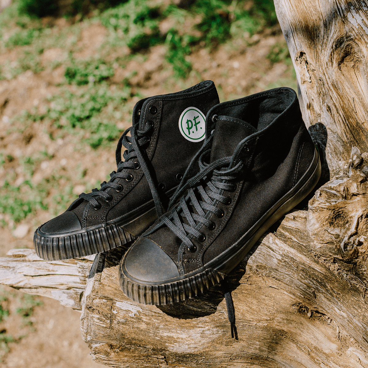 Black high-top sneakers on a wooden log outdoors.