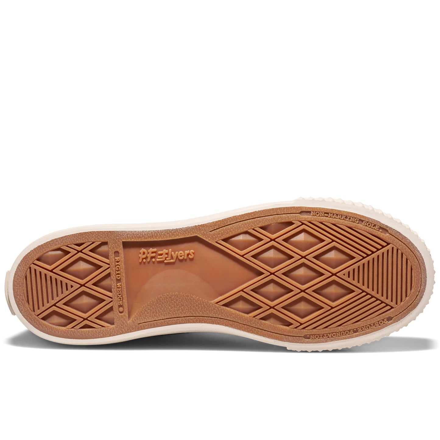 Brown sole of a shoe with 'P.F. Flyers' branding on a white background