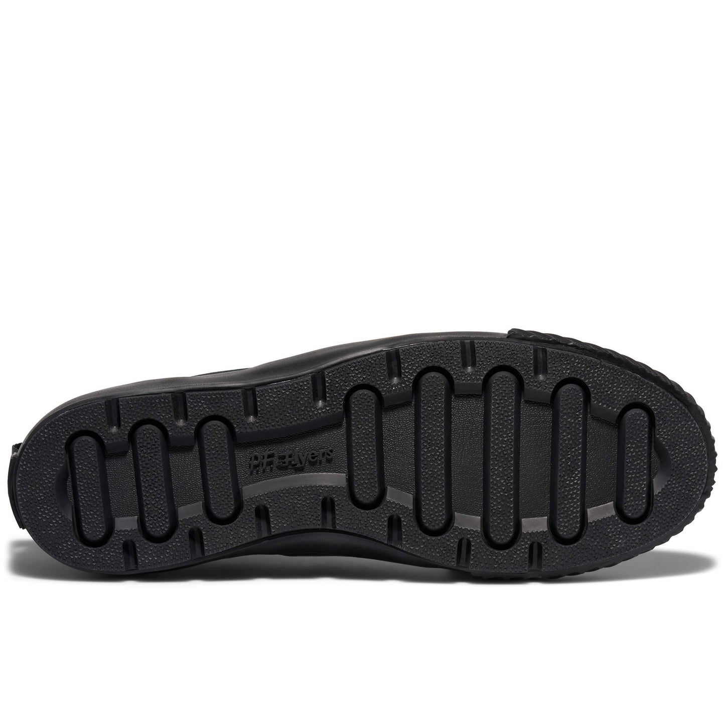 Black shoe sole with brand logo on a white background