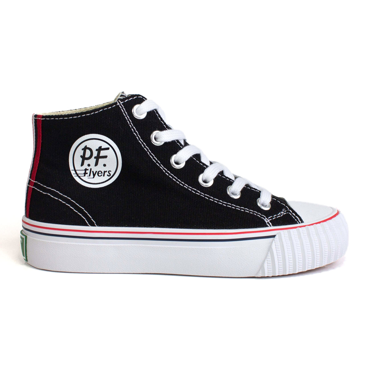 Kids' black high-top sneaker with white midsoles and red accents shown on a white background.