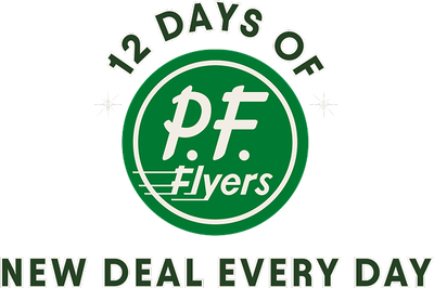 Logo for '12 Days of P.F. Flyers' with green circle and text on a white background