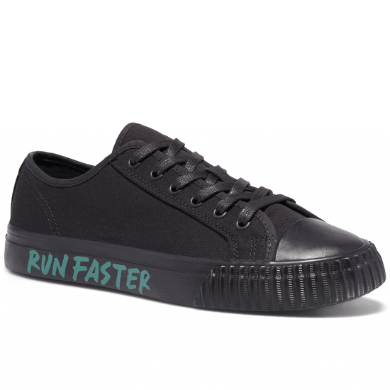 Black low-top sneaker rotating gif showing different angles of the sneaker. alternate view