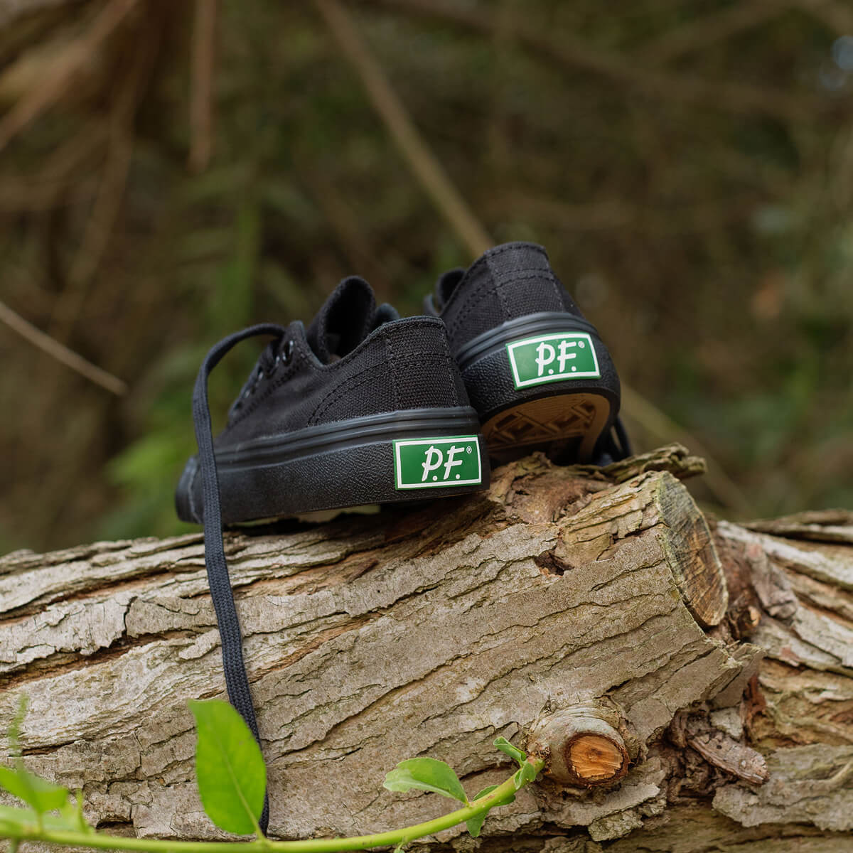 A pair of kids' black low-top sneakers resting on a weathered log with a blurred natural background.