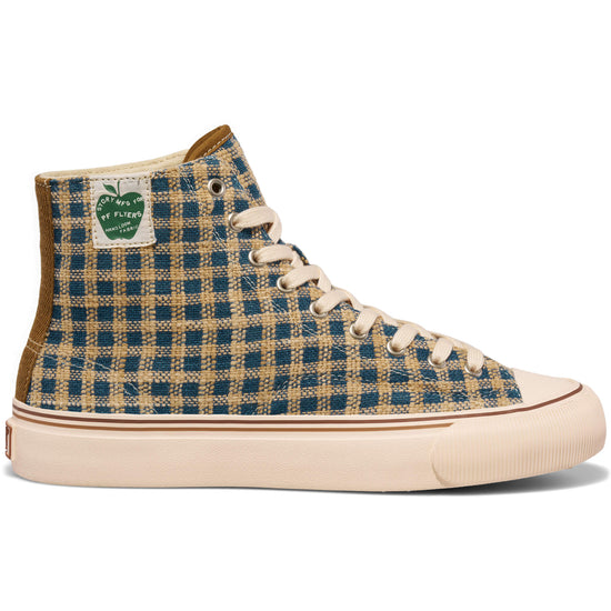 An indigo and brown plaid high-top sneaker shown on a white background.