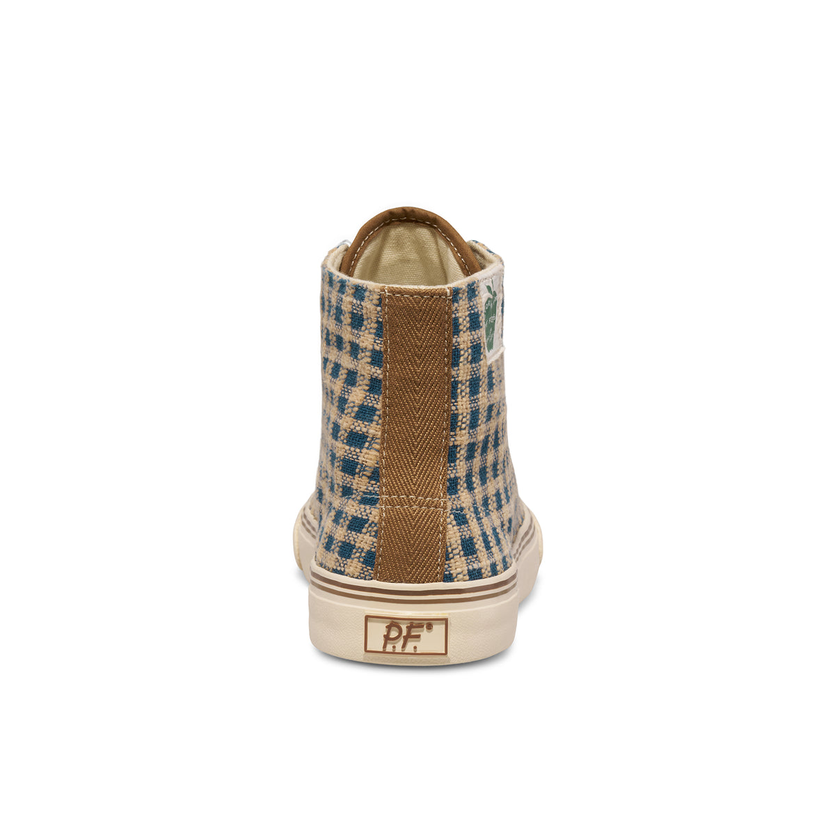 Indigo and brown plaid high-top sneaker on a white background.