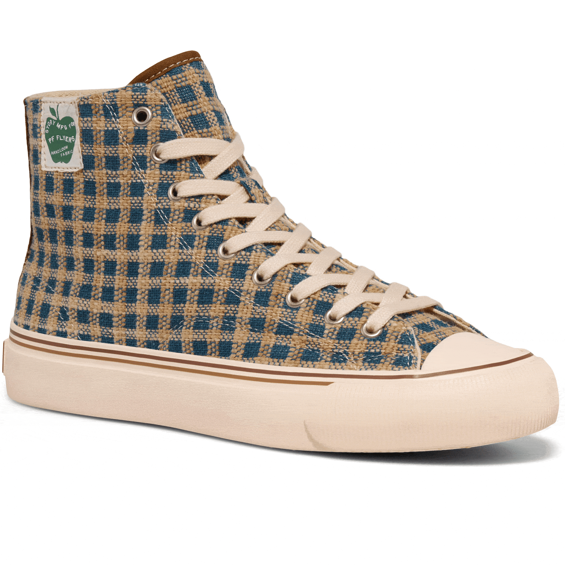 Rotating gif showing different angles of an indigo and brown plaid high-top sneaker.