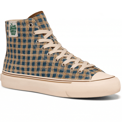 Rotating gif showing different angles of an indigo and brown plaid high-top sneaker.