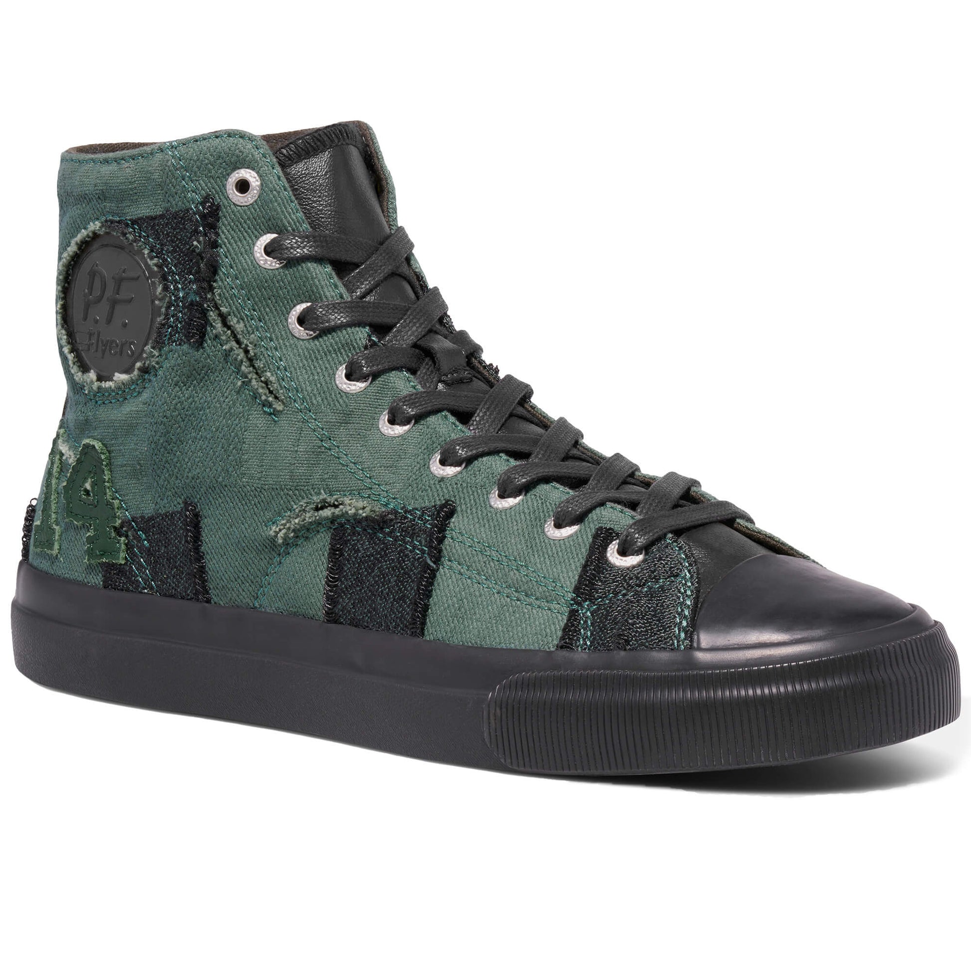 Green high-top sneaker with black accents on a white background