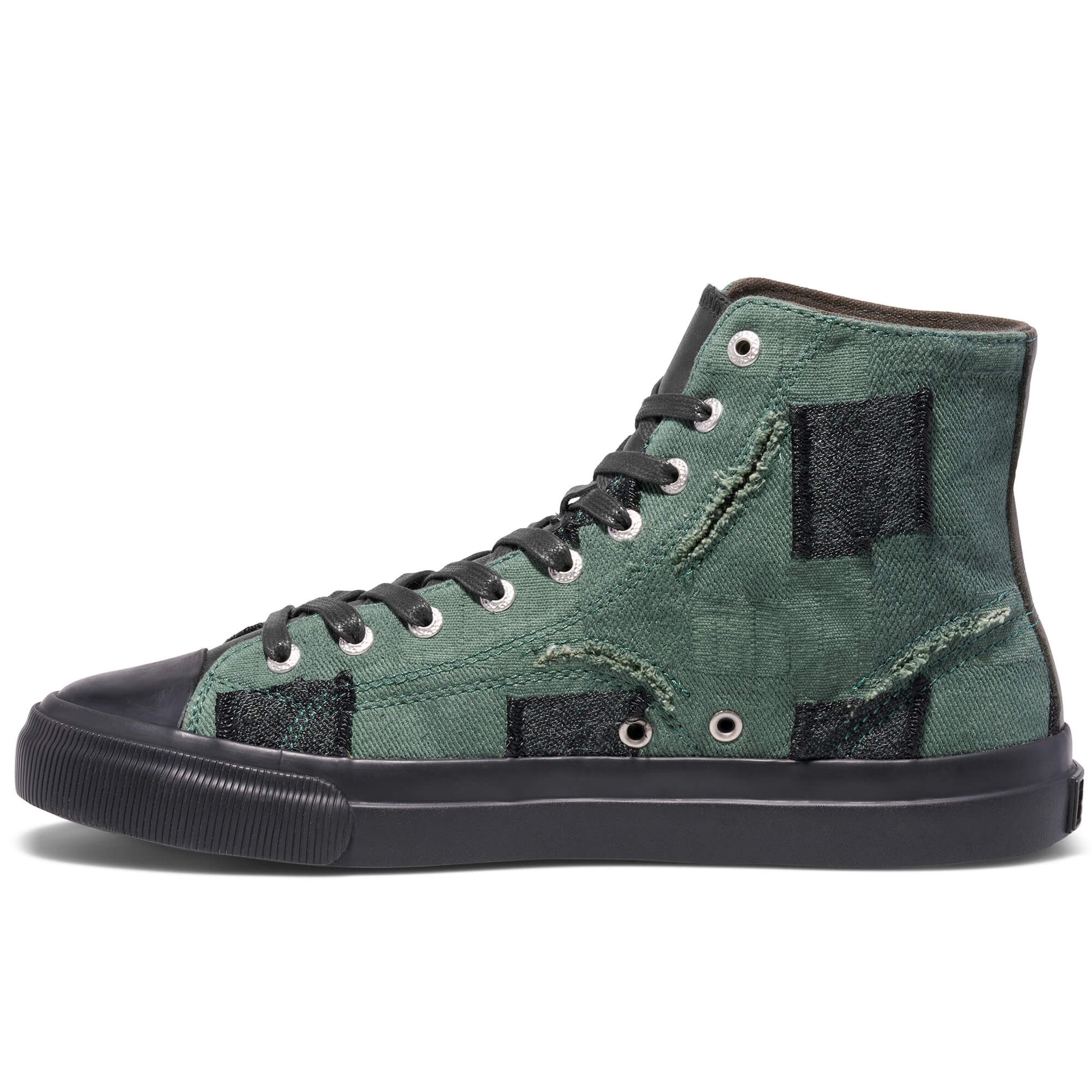 Green high-top sneaker with black accents on a white background