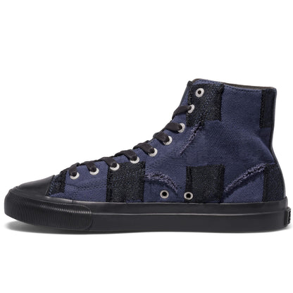 Navy high-top sneaker with black accents on a white background