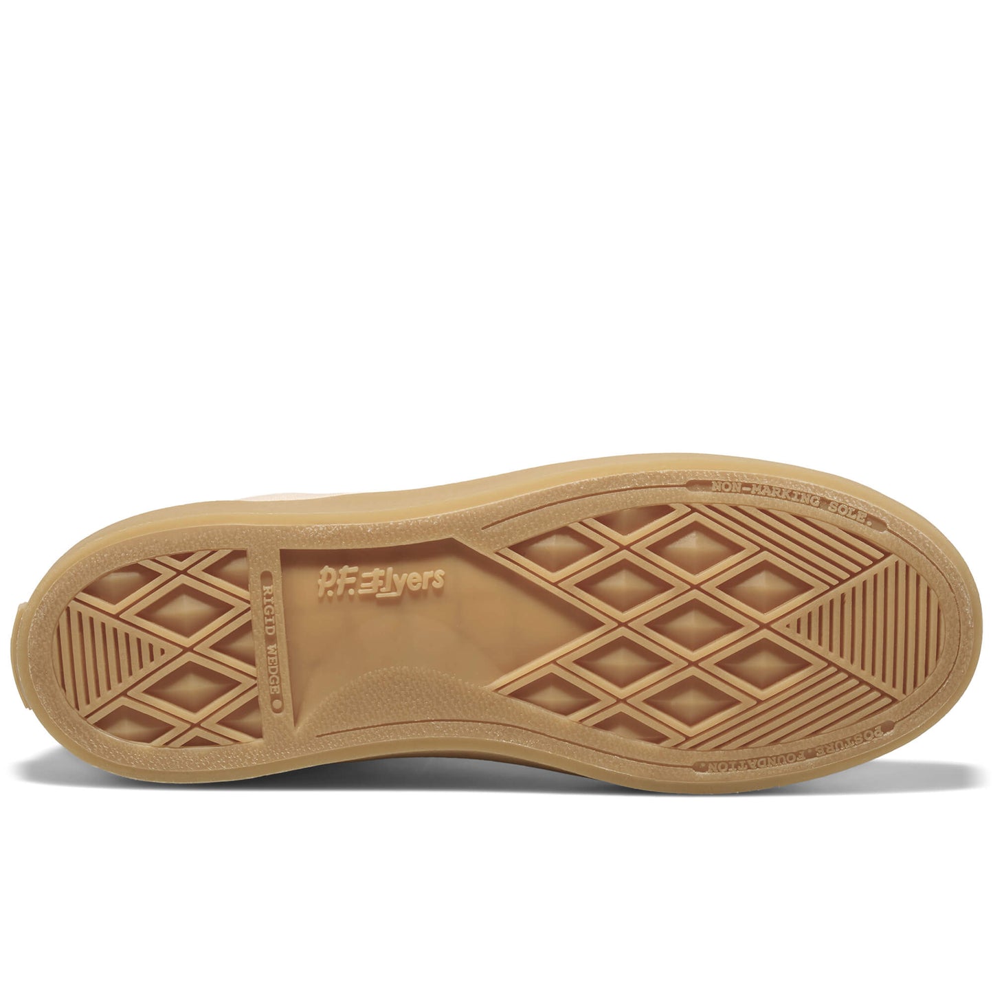 Close-up of a tan shoe sole on a white background.