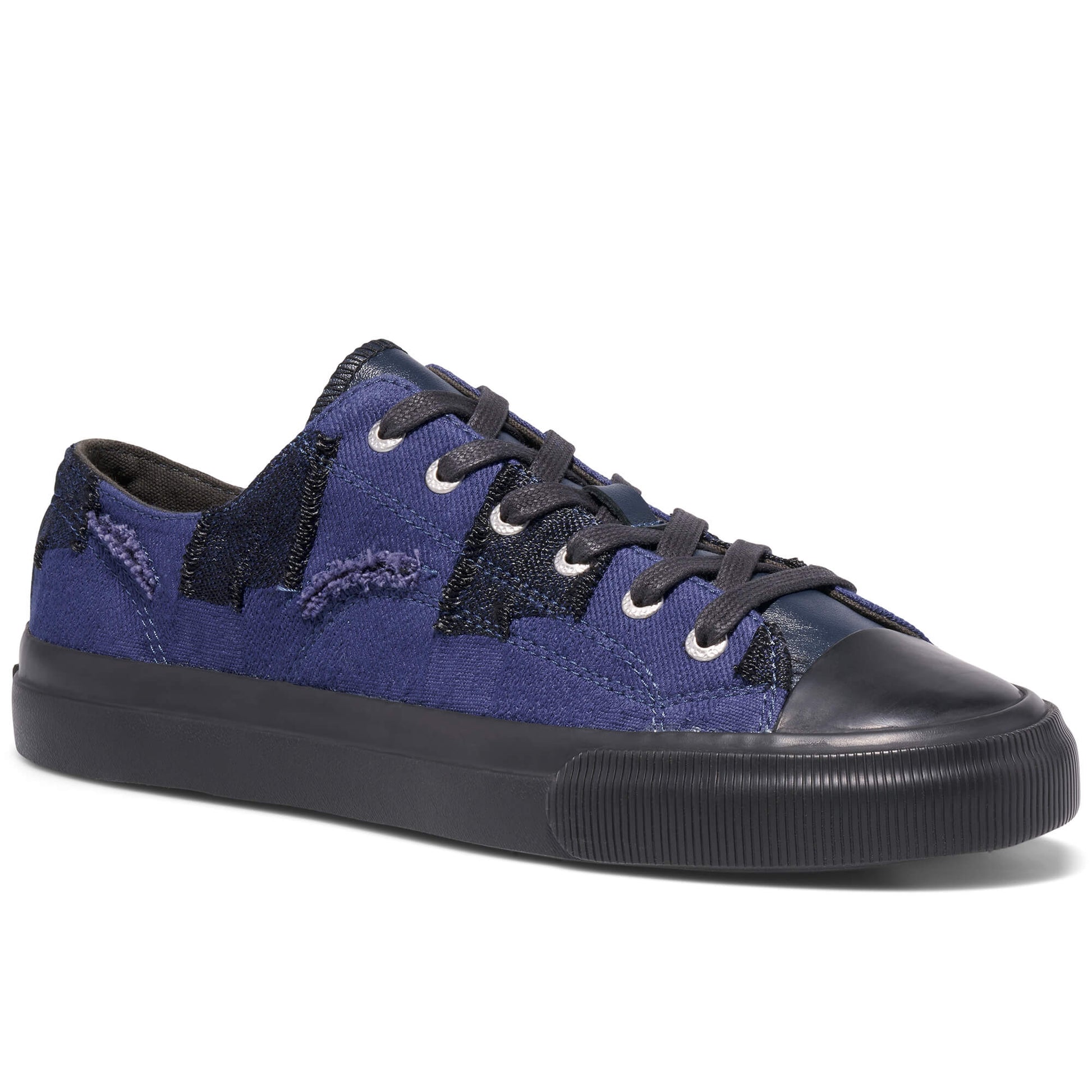 Blue sneaker with black accents on a white background