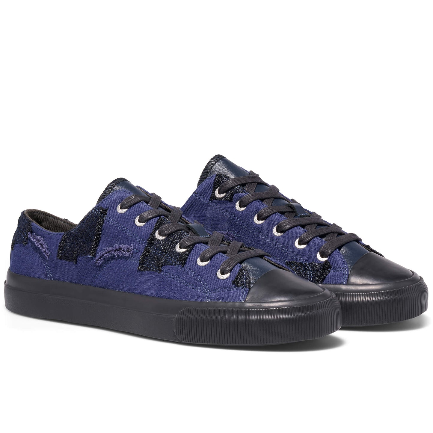 Pair of blue sneakers with black accents on a white background