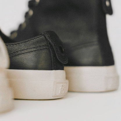 Close-up of black leather shoes with white soles on a light background
