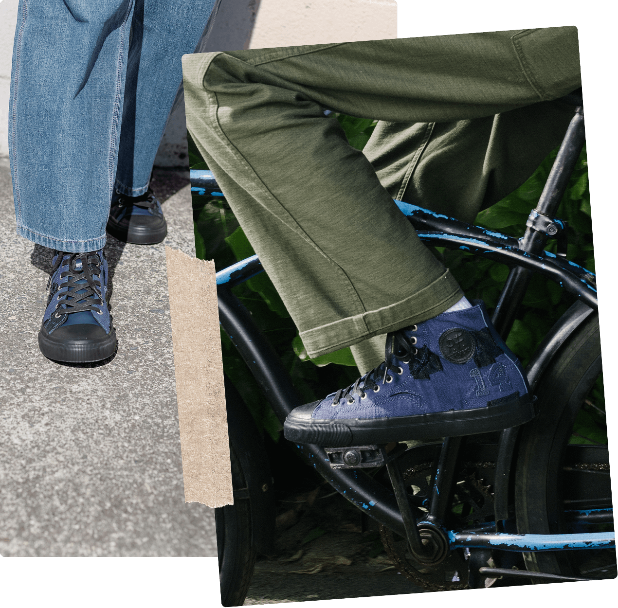 Two pairs of legs wearing blue shoes and green pants, one standing on a sidewalk and the other on a bike.