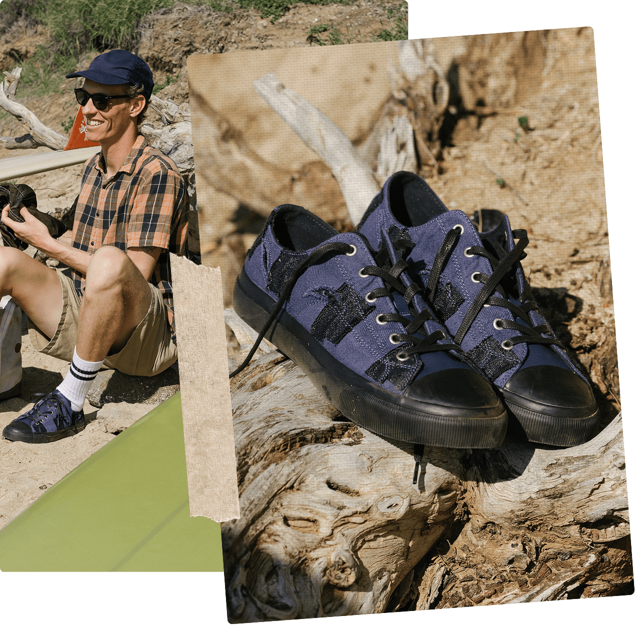 Collage of a person outdoors with a close-up of blue sneakers on a wooden surface.