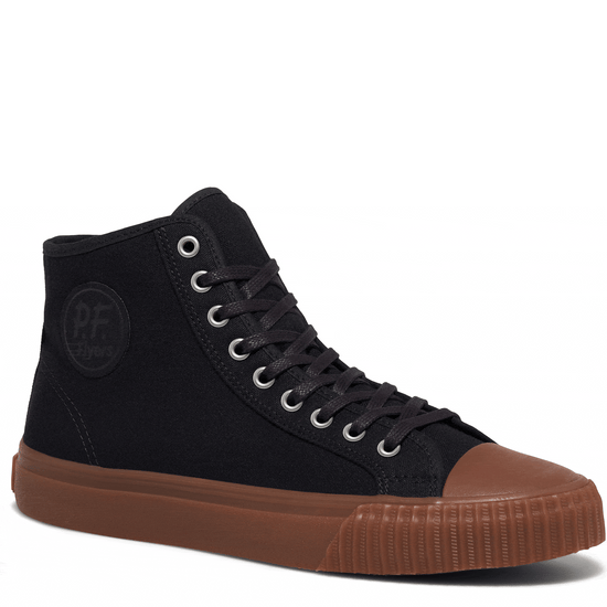 Rotating gif showing different angles of a black high-top sneaker with a brown sole. alternate view