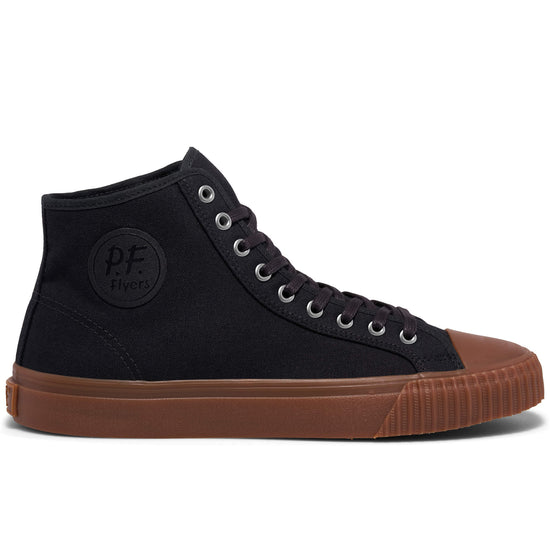 A black high-top sneaker with a brown sole shown on a white background.