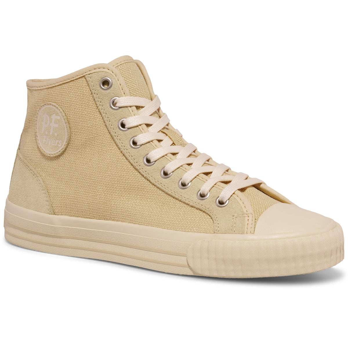 Beige high-top sneaker on a white background.