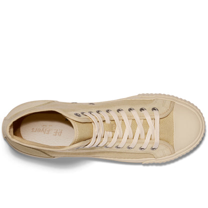 Overhead view of a beige high-top sneaker on a white background.