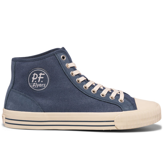 Indigo canvas high-top sneaker shown on a white background.