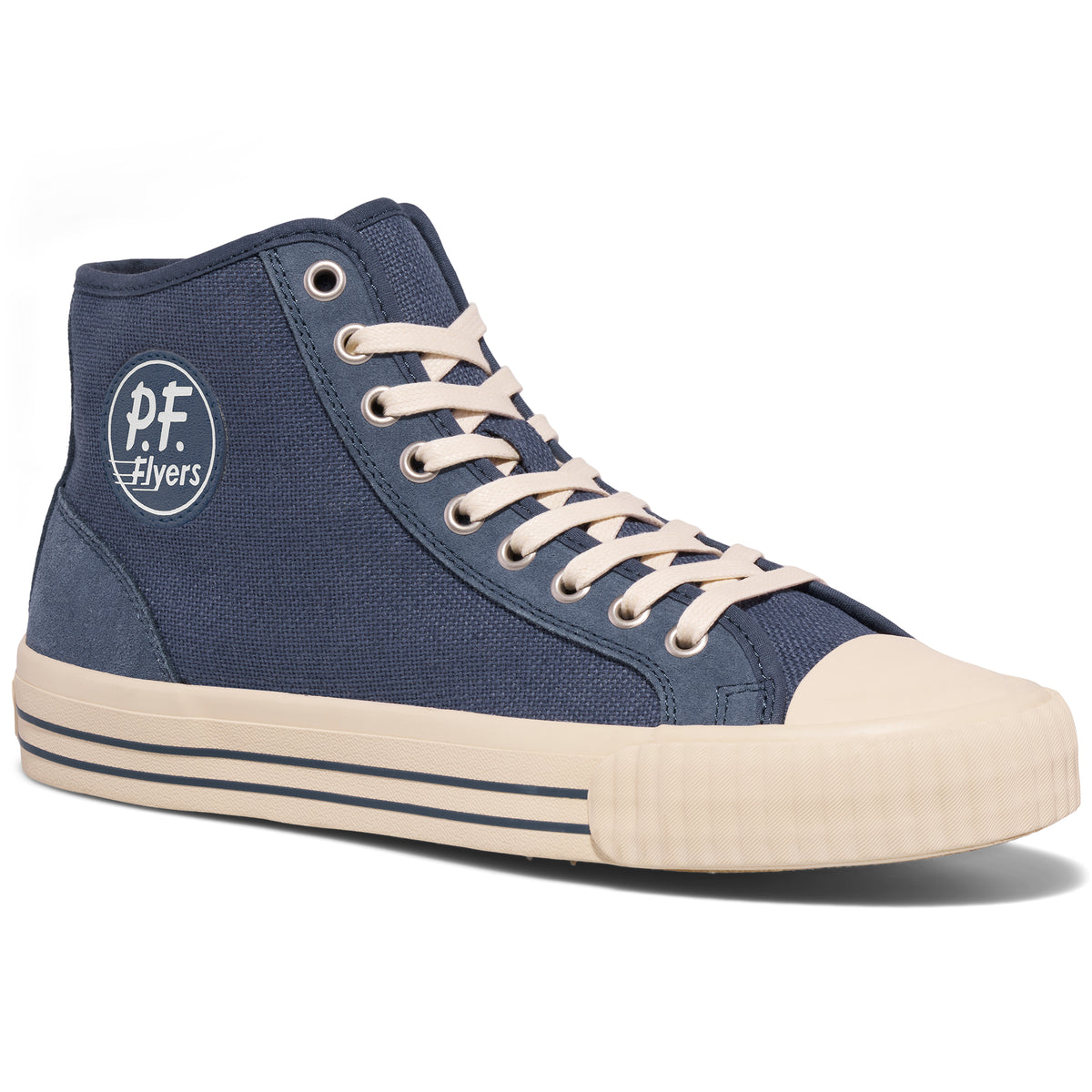 Blue high-top sneaker with white laces on a white background.