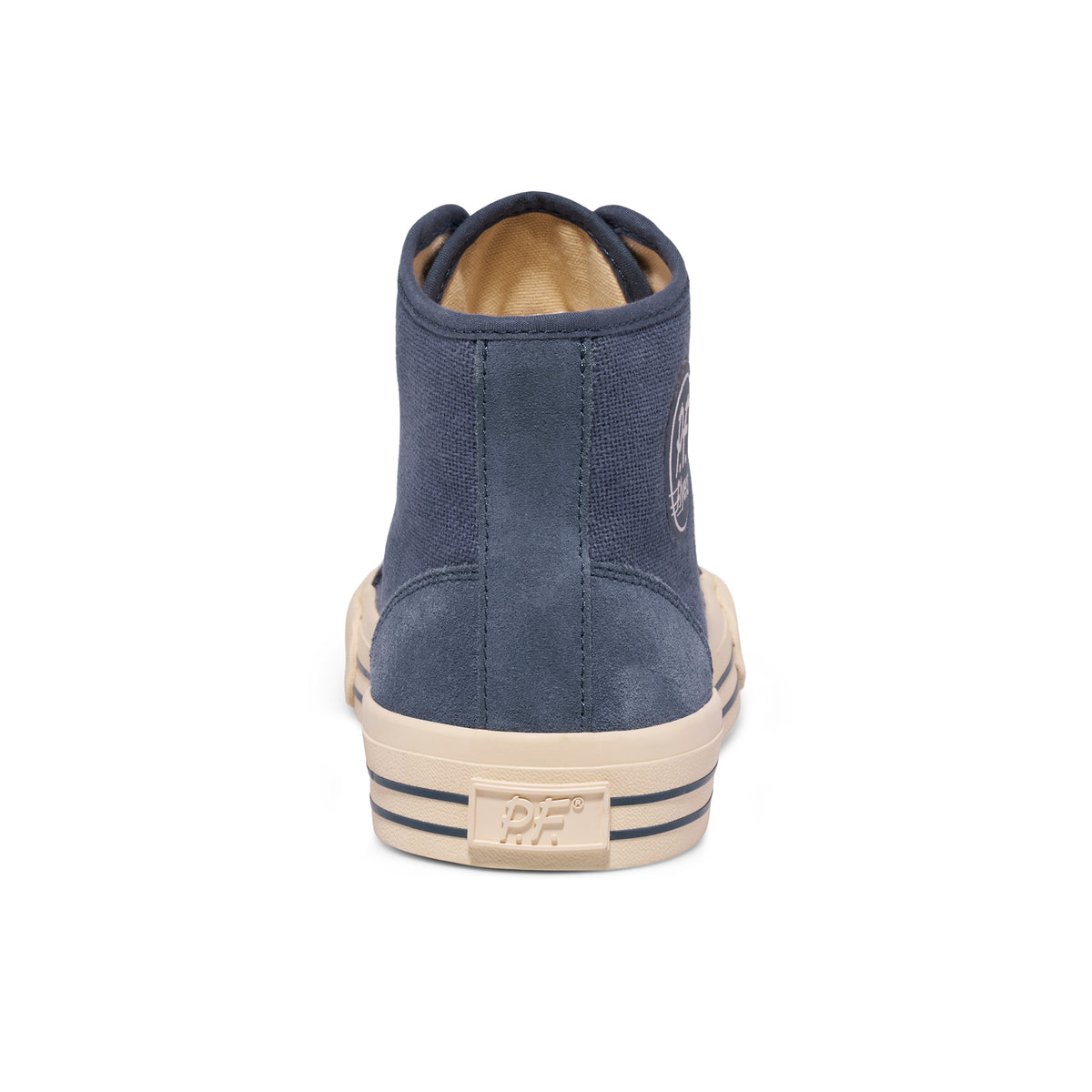 Blue high-top sneaker with beige sole on a white background.