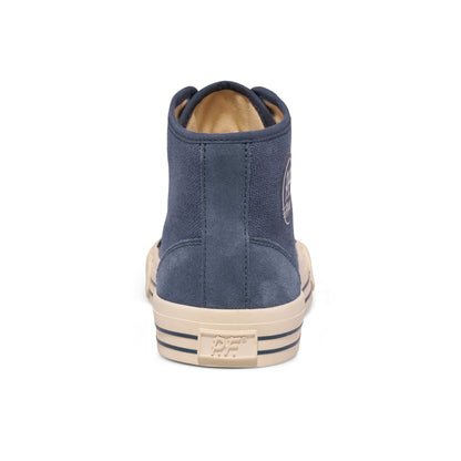 Blue high-top sneaker with beige sole on a white background.