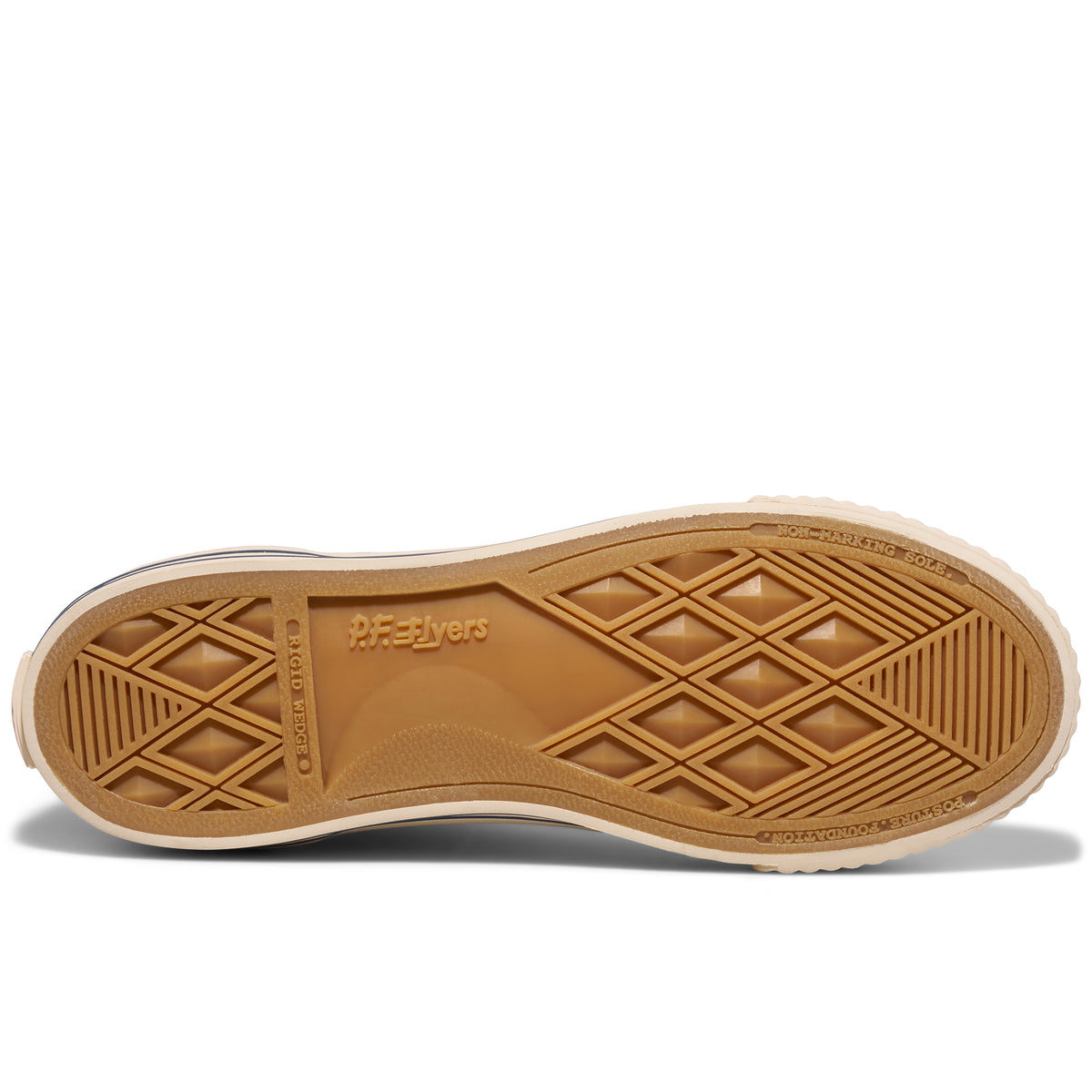 A brown shoe sole with a geometric pattern on a white background.
