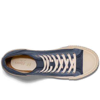 Overhead view of a blue high-top sneaker with white laces on a white background