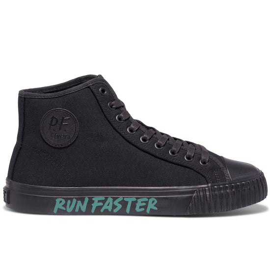 Black high-top sneaker on a white background, with “Run Faster” printed on the midsole.