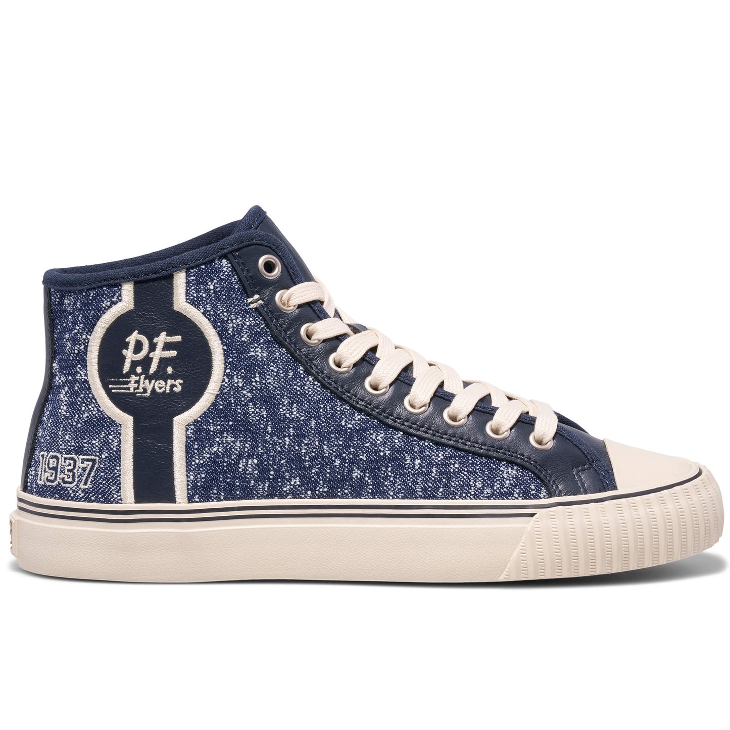 Blue high-top sneaker with white laces on a white background