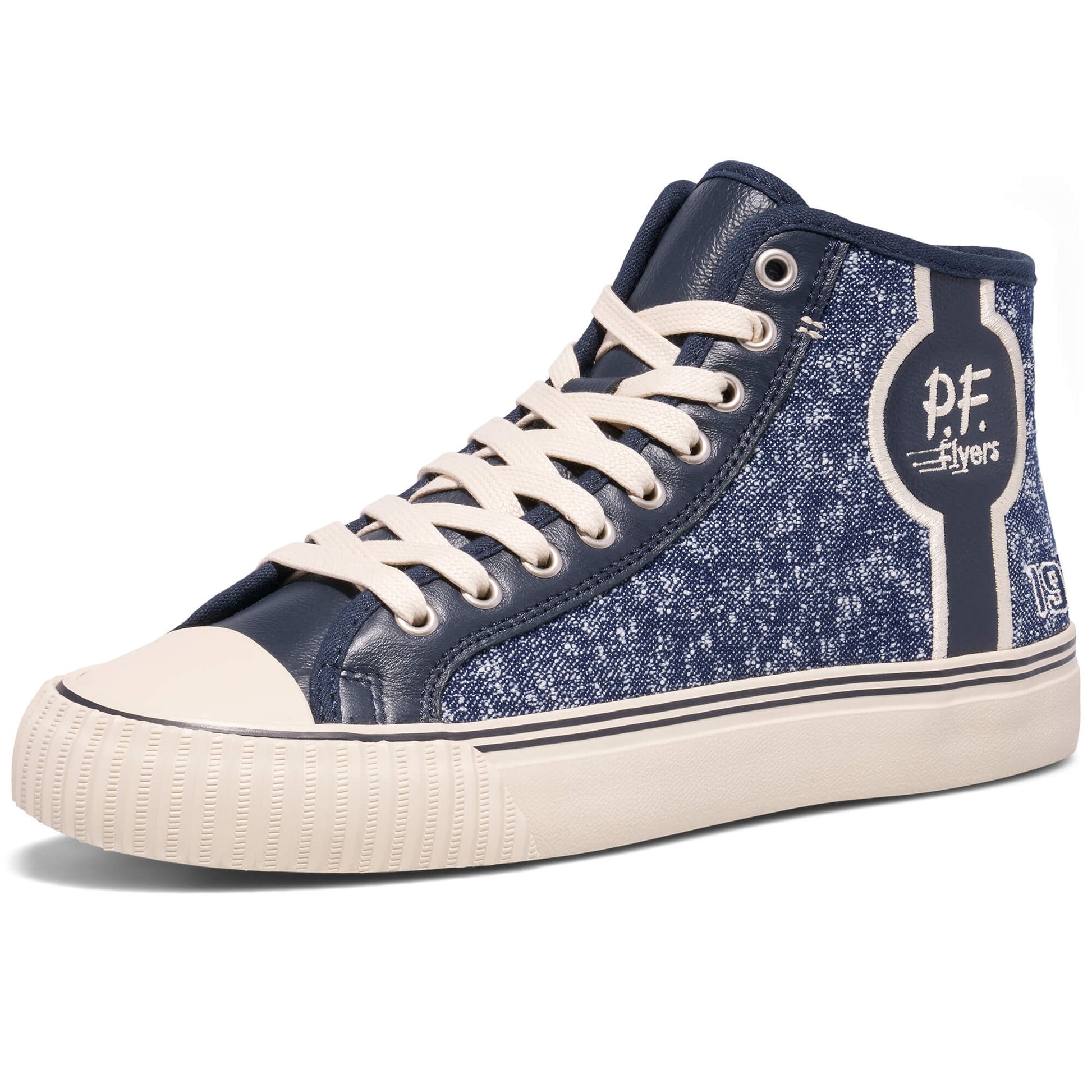 Blue high-top sneaker with white laces on a white background
