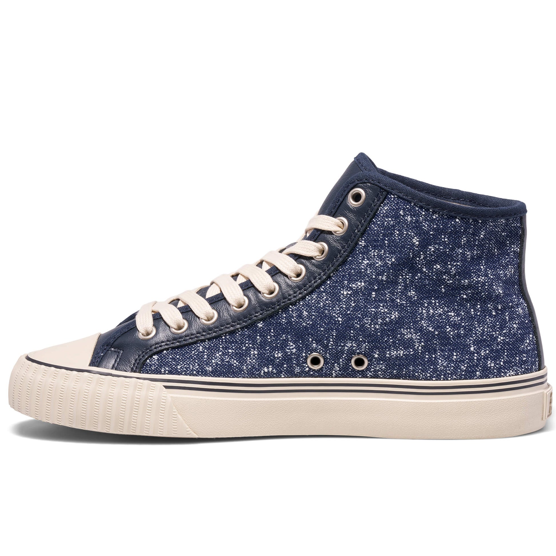 Navy high-top sneaker with white laces on a white background