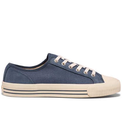 Blue low-top sneaker with white laces on a white background.