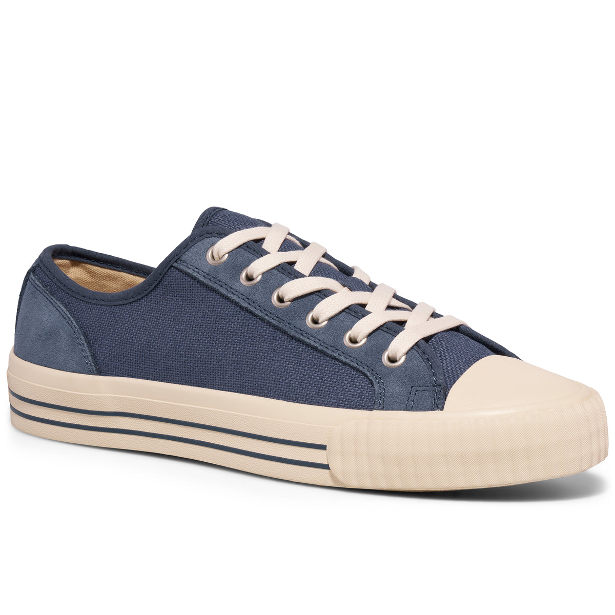 Blue low-top sneaker with white laces on a white background.
