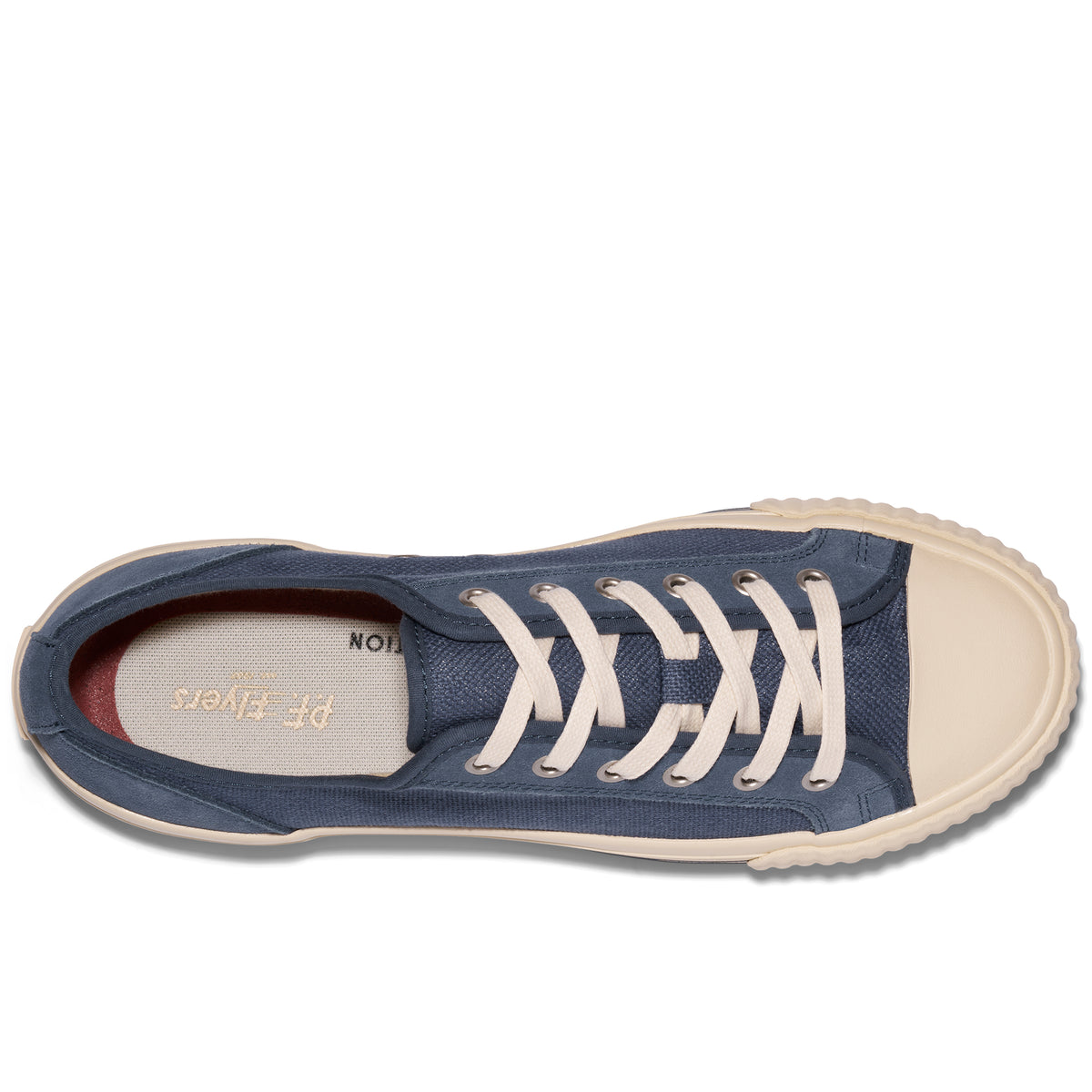 Overhead view of a blue sneaker with white laces on a white background.
