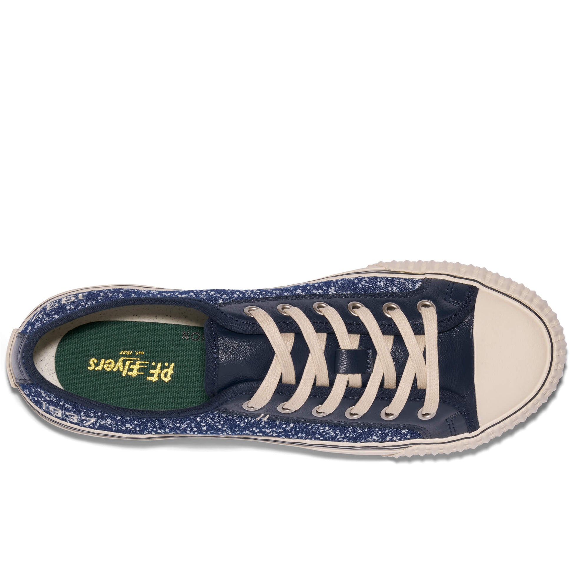Navy blue sneaker with white laces on a white background