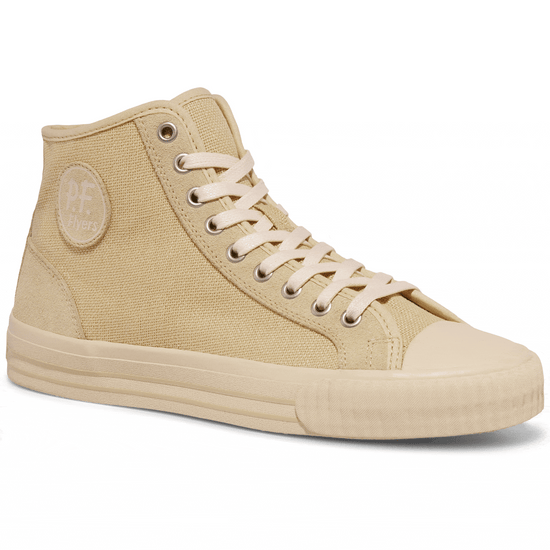 Beige high-top sneaker rotating gif showing different angles of the sneaker. alternate view