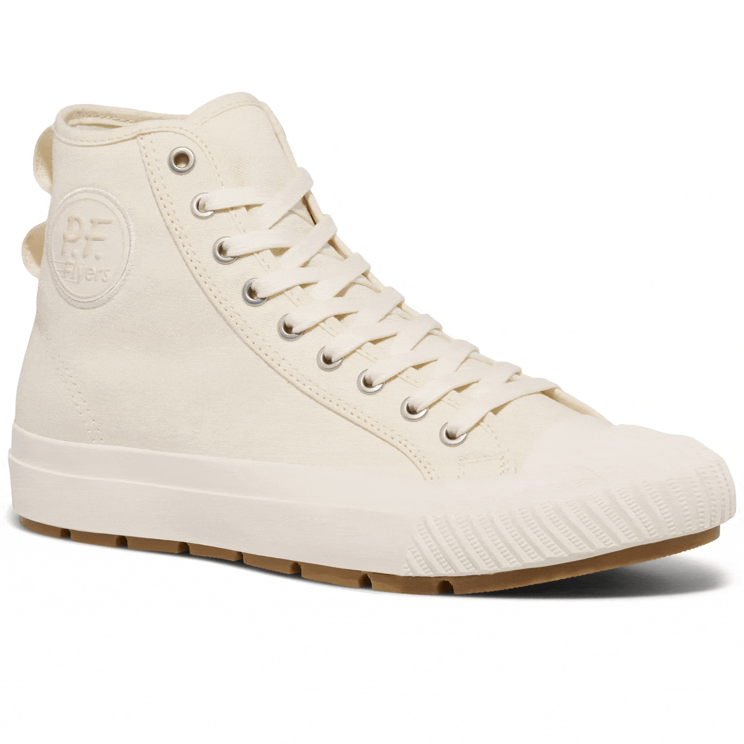 Rotating gif showing different angles of a white high-top sneaker.