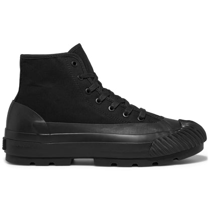 A black high-top sneaker with a lugged rubber outsole shown on a white background.