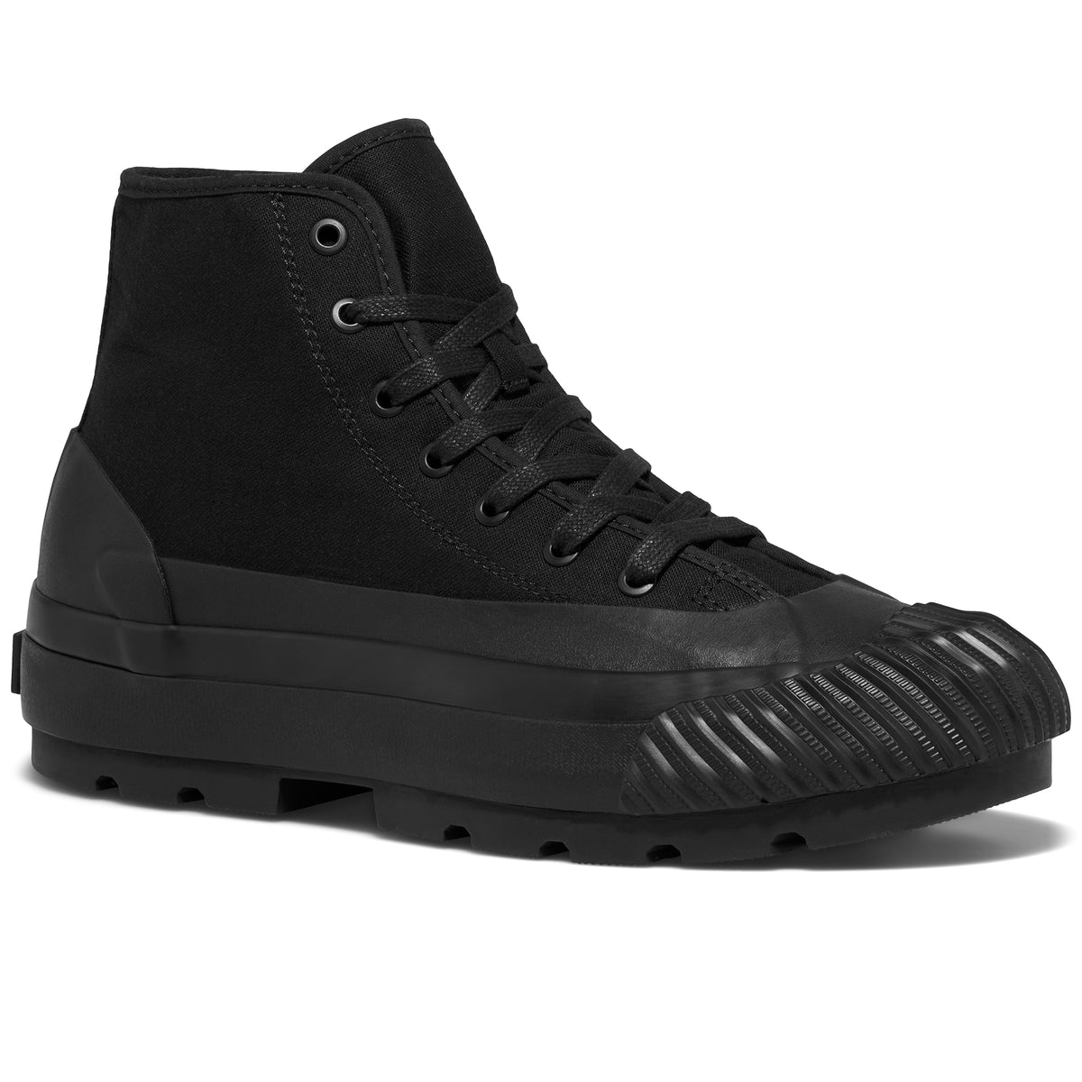 A black high-top sneaker with a lugged rubber outsole shown on a white background.