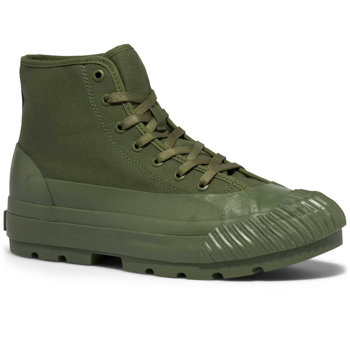 An olive green high-top sneaker with a lugged rubber outsole shown on a white background.