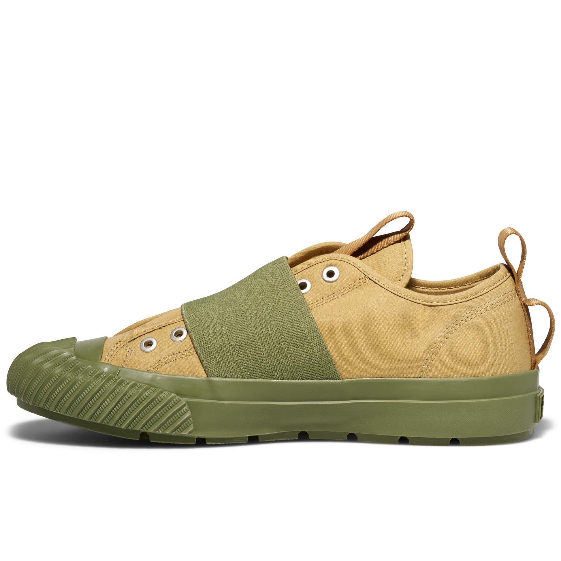 Beige and green slip-on sneaker on a white background