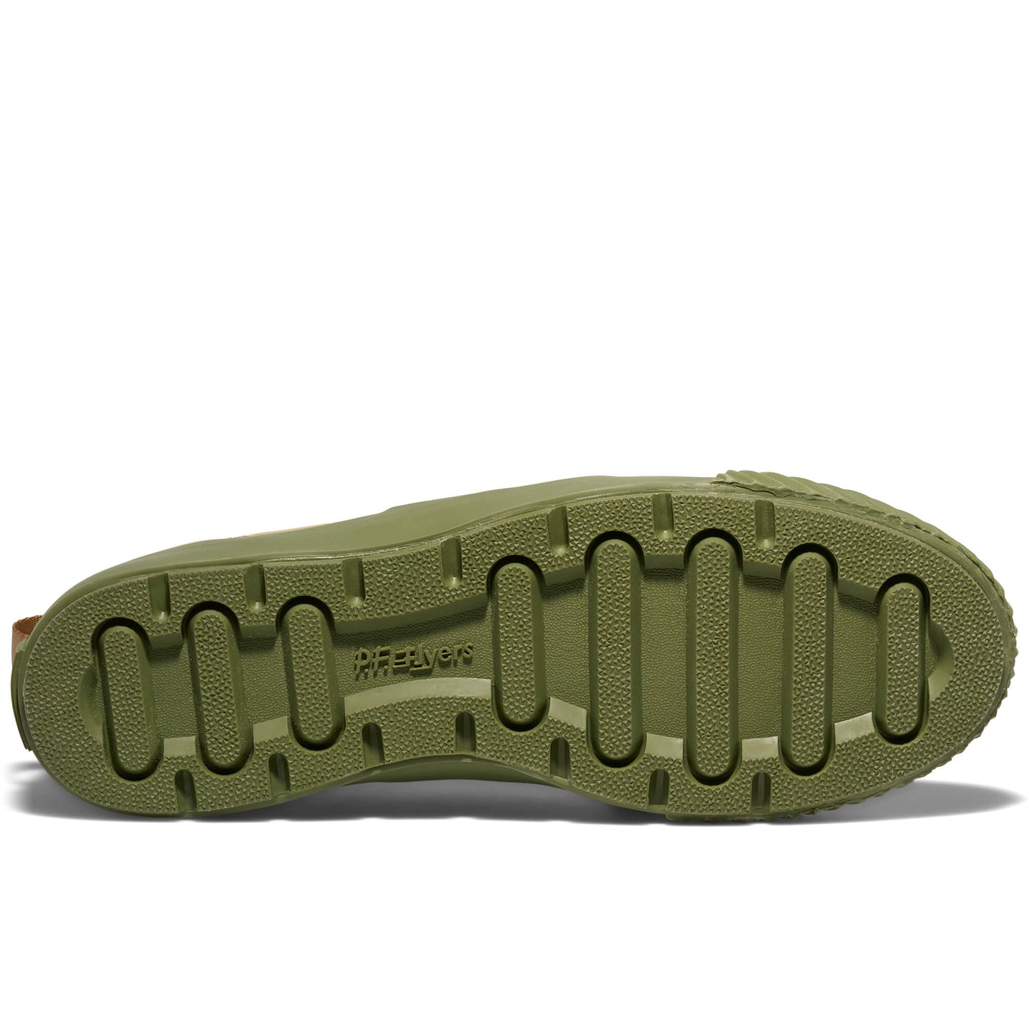 Green sole of a shoe with visible brand name on a white background