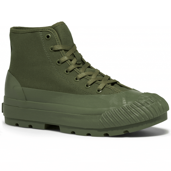 Rotating gif showing different angles of an olive green high-top sneaker with a lugged rubber outsole. alternate view