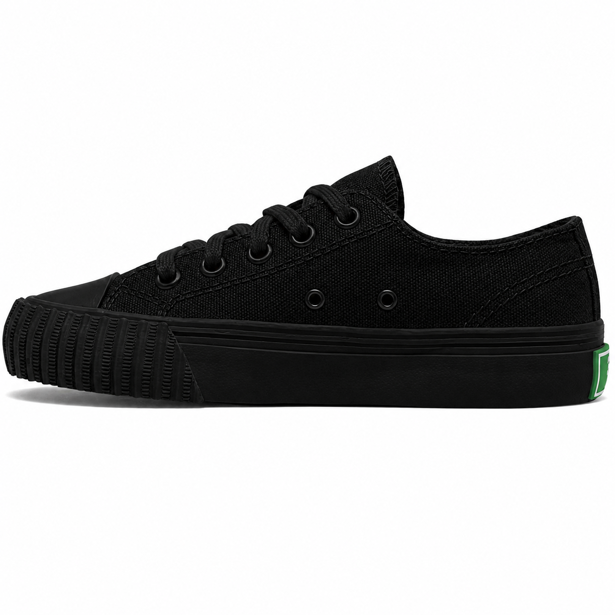 Black low-top sneaker on a white background.