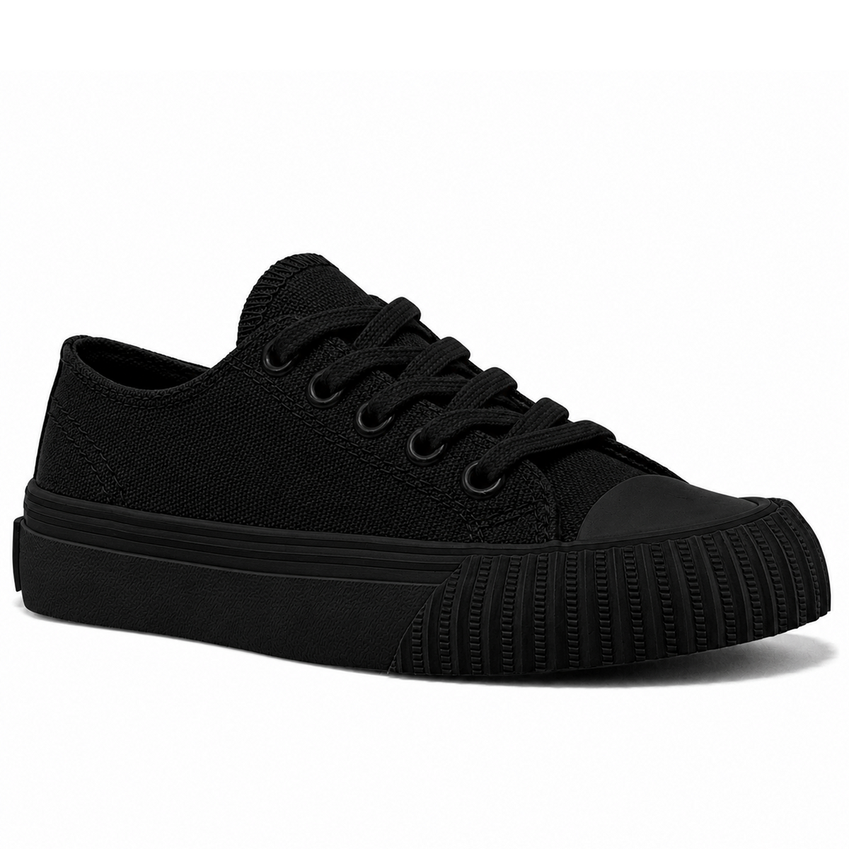 Kids' black low-top sneaker shown on a white background.