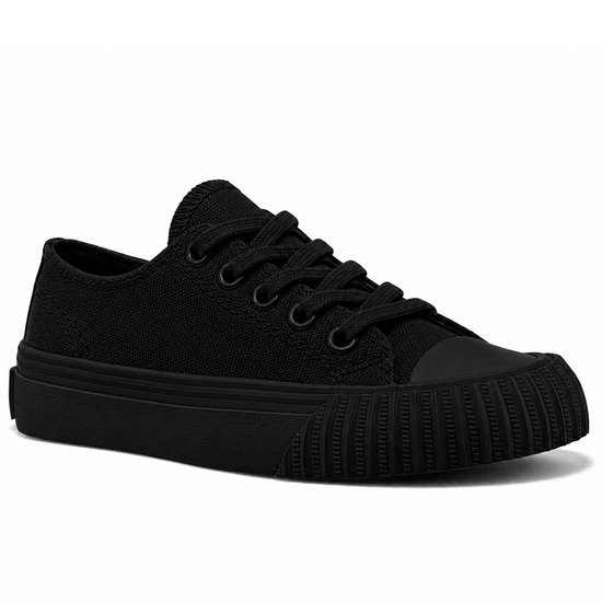 Kids' black low-top sneaker shown on a white background.