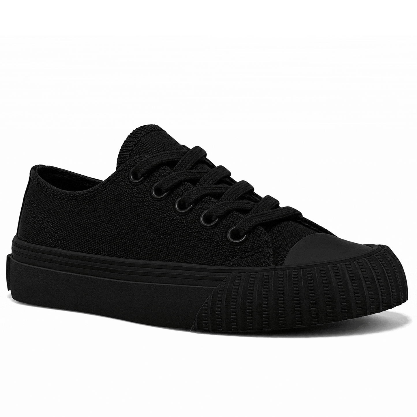 Rotating gif showing different angles of a kids' black low-top sneaker.